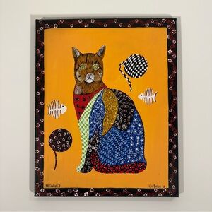 Vintage Painting on Canvas Signed by Artist Colorful Cat Patchwork Folkart Quilt